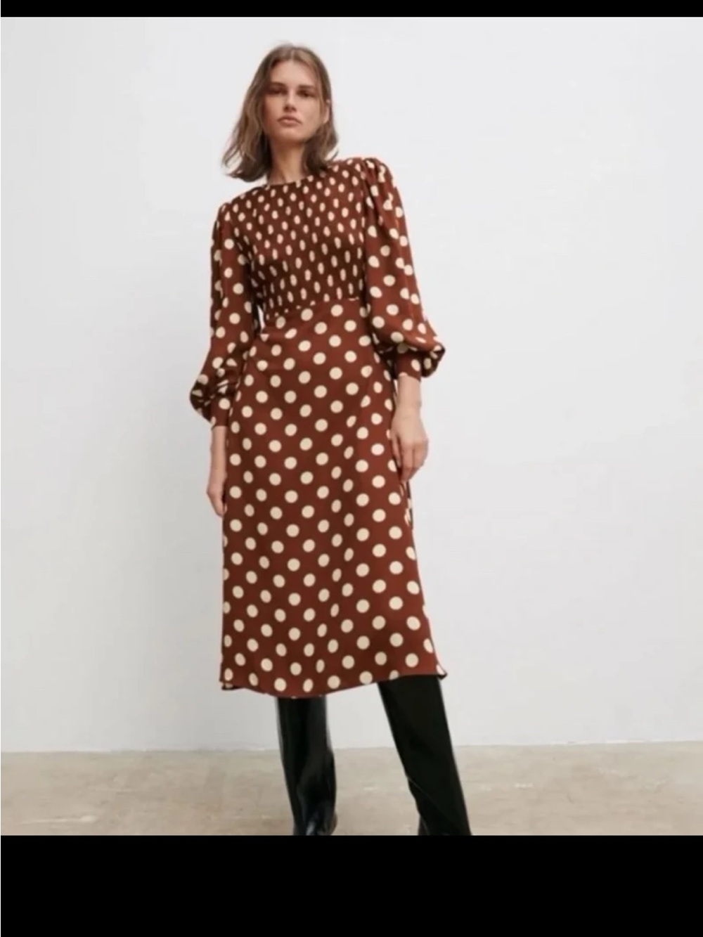 ZARA Rust/White Polka Dot Long Sleeve Midi Dress size Large